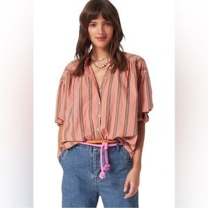 Xirena Atlee Button Down Cotton Long Sleeve Shirt Terracota Orange Green Sz XS